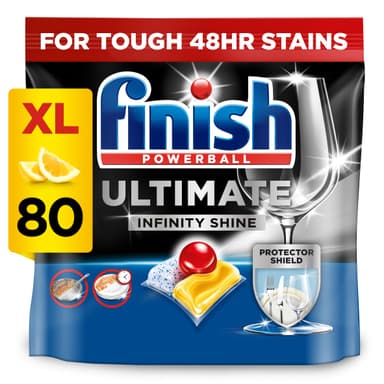 Finish Dishwasher Tablet, Ultimate Infinity Shine, 80 Tablets, Lemon Sparkle, Clean & Shine Detergent Tabs, Tough on Grease Stains, Effective for Short Eco Cycle