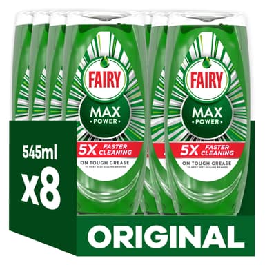 Fairy Max Power Washing Up Liquid Original 8 x 545ML, Easy & Effortless Cleaning, Even On Your Greasiest Pots & Pans