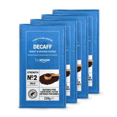 by Amazon Decaffeinated Ground Coffee, Light Roast, 1kg (4 Packs of 250 g)