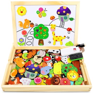 Jojoin 110 PCS Wooden Magnetic Puzzle - Magnetic Puzzle Board - Cute Animal Pattern Games Double Sided Jigsaw - Educational Drawing Easel Blackboard Wood Toys - Easter Gifts For Kids Up 3 Years Old