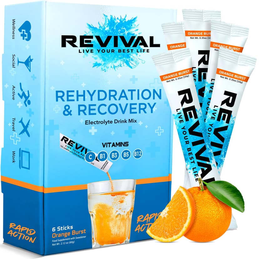 Revival Rapid Rehydration, Electrolytes Powder - High Strength Vitamin C, B1, B3, B5, B12 Supplement Sachet Drink, Effervescent Electrolyte Hydration Tablets - 6 Pack Orange