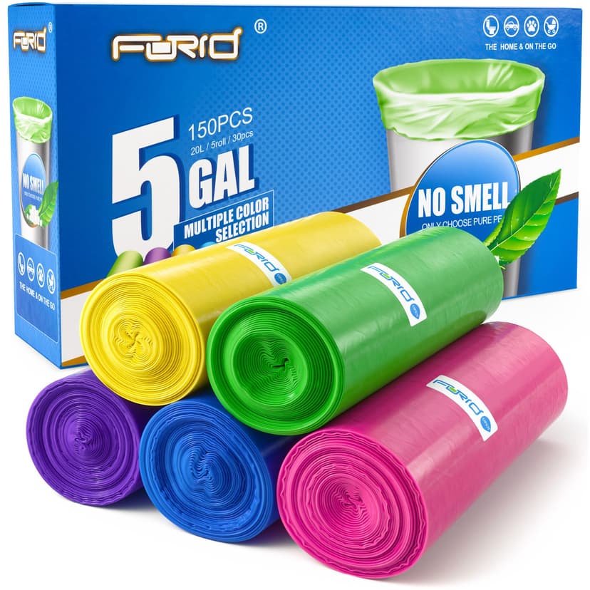 Small Garbage Bags - FORID 5 Gallon Trash Bags Durable Trash Can Liner for Home Office Bathroom Bedroom Waste Bin (5 Colors 150 Count) - Durable & Thick Trash Bag