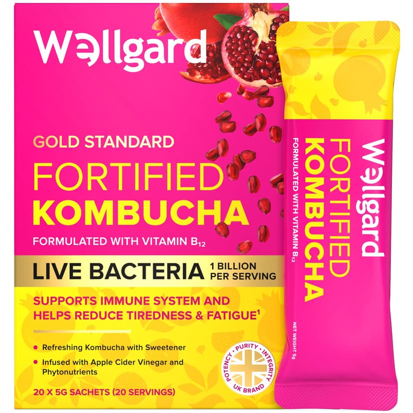 Wellgard Fortified Kombucha, Vegan Probiotic Drink Sticks, 1 Billion CFU Bacillus Coagulans, Prebiotics, Vitamin B₁₂ for Immune & Energy, 20 Sticks