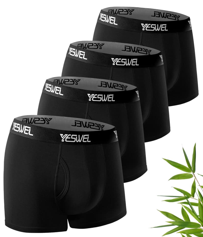 YESWEL Mens Boxers, Bamboo Boxer Shorts Multipack of 4, No Itchy Labels Underwear, Moisture Wicking Underpants, Breathable Trunks with Fly (4x Black, L)