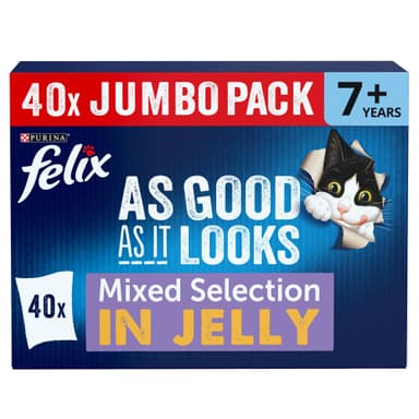 FELIX As Good As it Looks Senior 7+ Wet Cat Food Mixed Selection in Jelly Beef, Salmon, Chicken, Tuna 40 x 85g Pouches