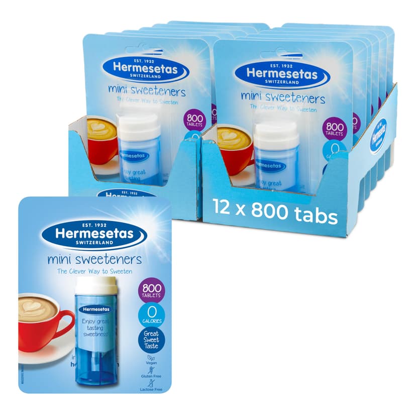 Hermesetas Mini Sweeteners 800 Tablets – Zero Calorie Sugar Free Table-Top Dispenser (Pack of 12)