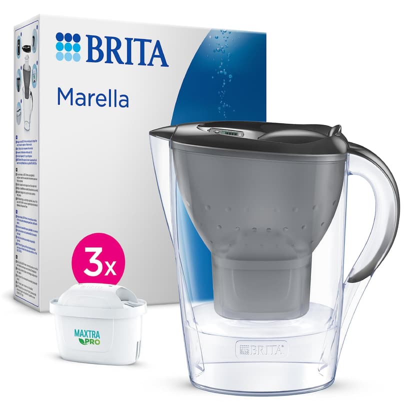 BRITA Marella Water Filter Jug Graphite (2.4L) Starter Pack incl. 3x MAXTRA PRO Pure Performance cartridge - fridge-fitting jug with digital LTI and Flip-Lid - now in sustainable Smart Box packaging
