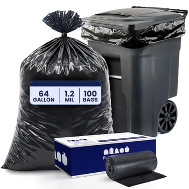 Plasticplace 64-65 Gallon Trash Can Liners for Toter │ 1.2 Mil │ Black Heavy Duty Garbage Bags │ Rolls │ 50” x 60” (100 Count) (W65LDBTL12RL)