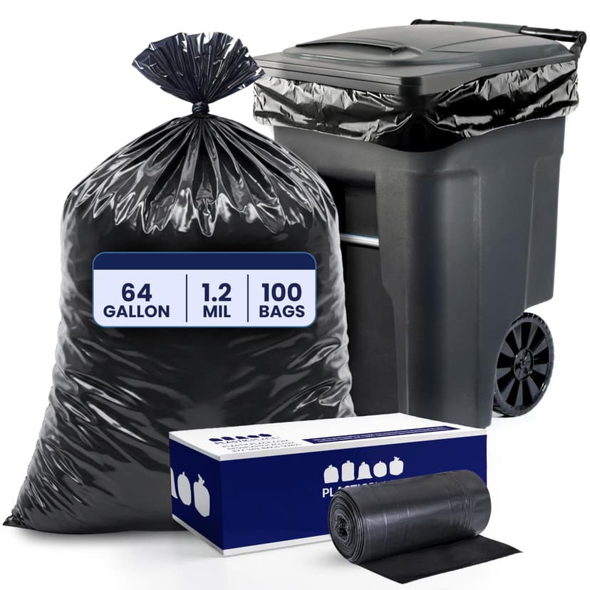 Plasticplace 64-65 Gallon Trash Can Liners for Toter │ 1.2 Mil │ Black Heavy Duty Garbage Bags │ Rolls │ 50” x 60” (100 Count) (W65LDBTL12RL)