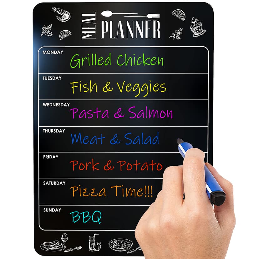 A4 Weekly Meal Planner Dry Erase Board - Fridge Kitchen Blackboard Magnetic Meal Planner - Grocery List - Magnet