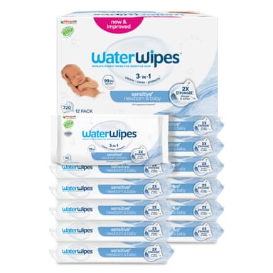 WaterWipes Sensitive+ Newborn & Baby Wipes, 720 Count (12 Packs), 3-In-1 Cleans, Cares, Protects, 99.9% Water, Unscented