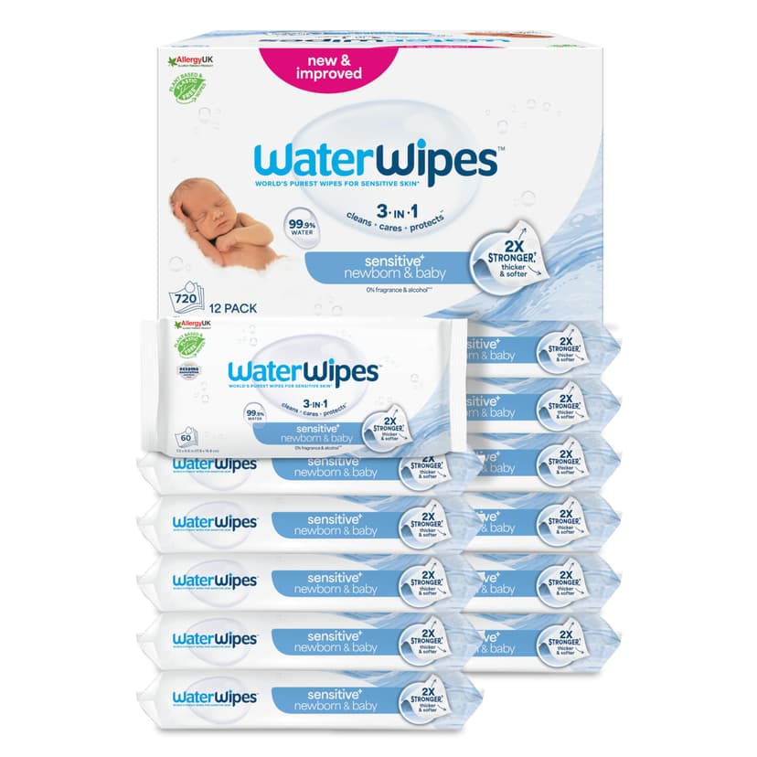 WaterWipes Sensitive+ Newborn & Baby Wipes, 720 Count (12 Packs), 3-In-1 Cleans, Cares, Protects, 99.9% Water, Unscented