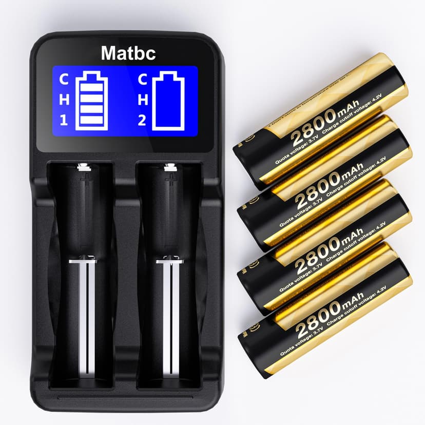 Matbc 4 pack 3.7 V 18650 Rechargeable Battery Flat top with Charger, 2800 mah 18650 battery For Outdoor Garden Lights, headlamps, Flashlight, Small Fan