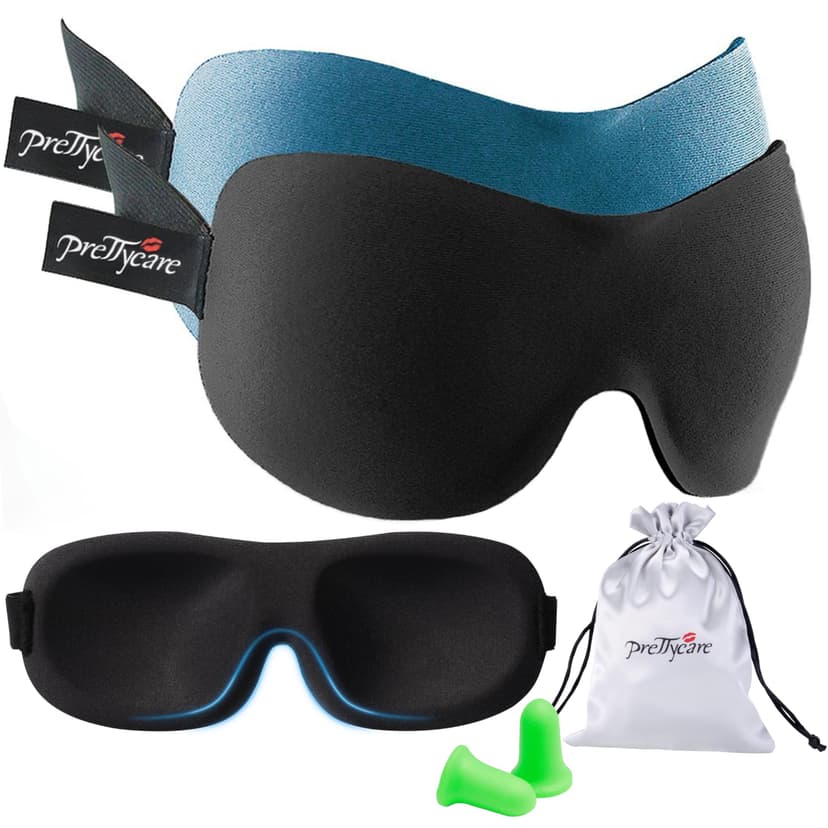 3D Sleep Mask (New Design by PrettyCare with 2 Pack) Eye Mask for Sleeping - Contoured Eyemask Silk - Blindfold Airplane with Ear Plugs,Travel Pouch - Best Night Blinder Eyeshade for Men Women Kids