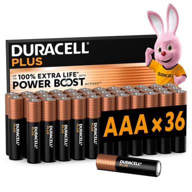 DURACELL Plus AAA Batteries (36 Pack) – Alkaline Batteries 1.5V – Up to 100% Extra Life with POWER BOOST Actives– Reliability For Everyday Devices – 0% Plastic Packaging – 10-Year Storage-LR03 MN2400