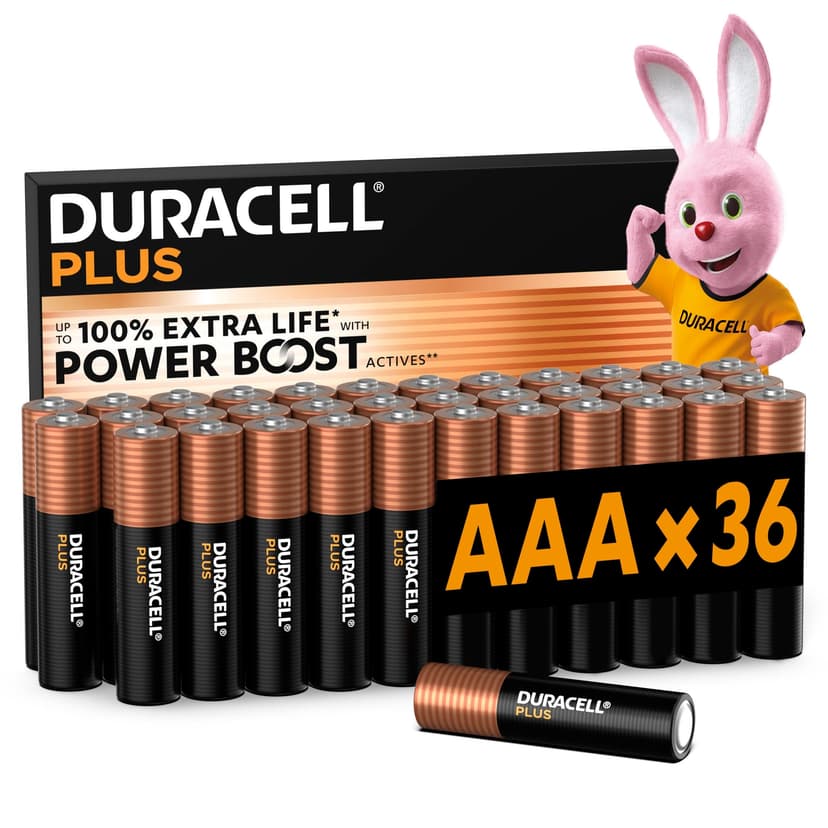 DURACELL Plus AAA Batteries (36 Pack) – Alkaline Batteries 1.5V – Up to 100% Extra Life with POWER BOOST Actives– Reliability For Everyday Devices – 0% Plastic Packaging – 10-Year Storage-LR03 MN2400