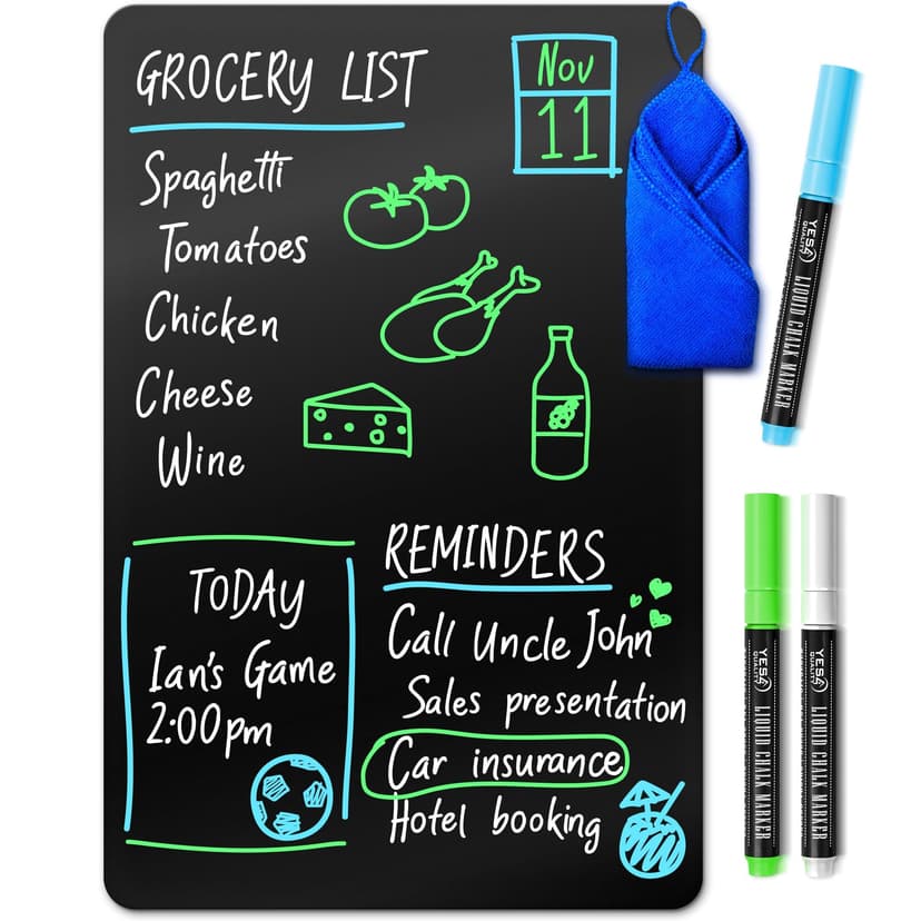 Magnetic Black Dry Erase Board for Fridge - A4 / 30x20 cm - Stain Resistant with 3 Magnetic, Fine Tip Neon Chalk Markers, Erasable Refrigerator Blackboard Kitchen Menu & Grocery List - by Yes4Quality