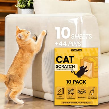 Conlun 10 Pack Cat Scratch Furniture Protector with 44 Twist Pins, 100% Transparent Sofa Guards for Cats, 0.12mm Self-Adhesive Anti-Scratch Sheets (5 pcs 35x28cm & 5pcs 35x15cm)