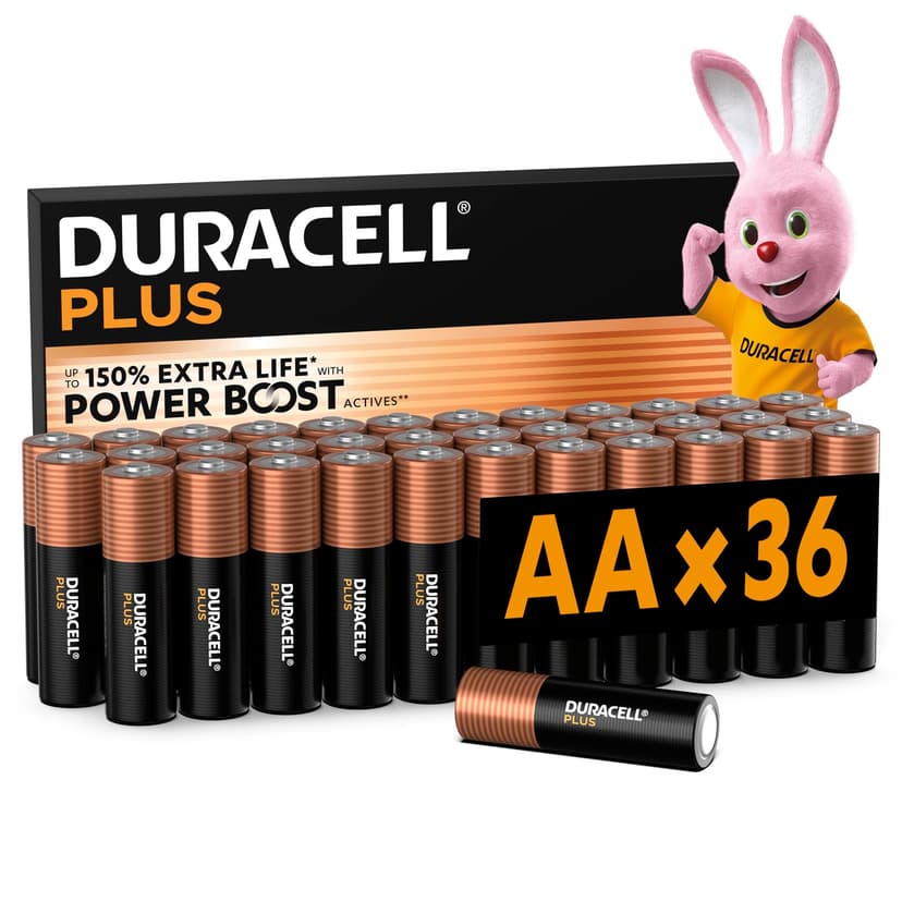 DURACELL Plus AA Batteries (36 Pack) – Alkaline Batteries 1.5V – Up to 150% Extra Life with POWER BOOST Actives– Reliability For Everyday Devices – 0% Plastic Packaging – 10-Year Storage - MN1500