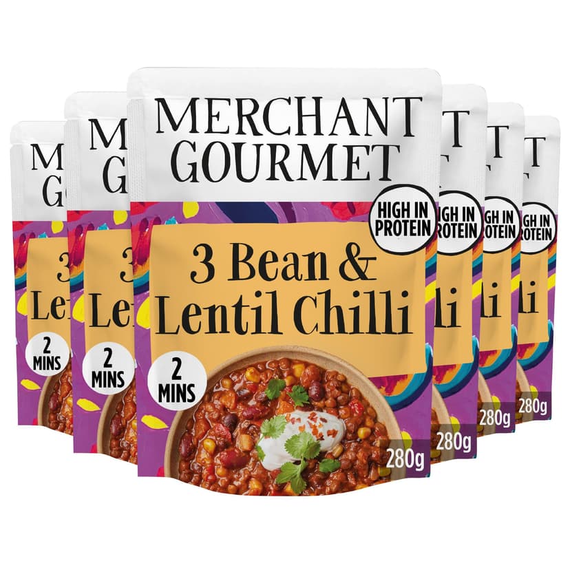 Merchant Gourmet Ready-to-Eat 3-Bean & Lentil Chilli with Chipotle & Smoked Paprika – High in Protein & Fibre, 1 of your 5-a-day, Ready Meals (6x 280g)