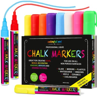 Colorful Art Co. Liquid Chalk Pens - Set of 8 Neon Colors - Washable Chalkboard Markers for School Blackboard, Menu Board, Mirror, Ceramics, Car Window Glass, Easy to Erase