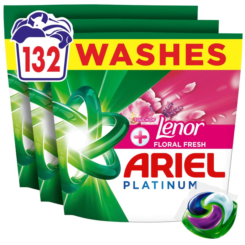 Ariel Platinum PODS®, Washing Liquid Laundry Detergent Capsules, 3 x 44 Washes, +Touch of Lenor Floral Fresh, 7-Day Long-Lasting Freshness