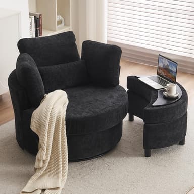 DEKKETO Swivel Cuddle Sofa Chair With Footstool Set, Chenille Single Tub Chair With Four Pillow, Snuggle Barrel Chair With Thick Cushion For Adults, Accent Round Armchairs For Living Room, Black