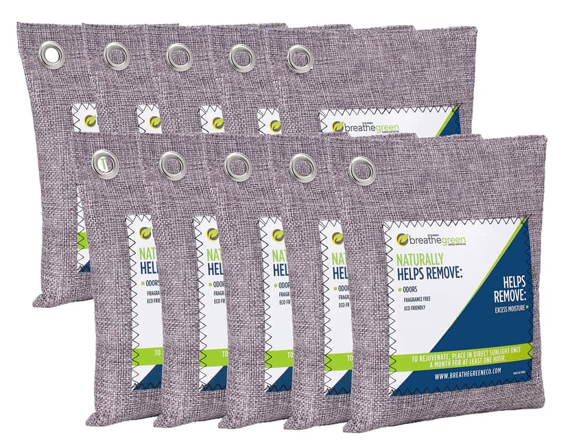 Breathe Green Charcoal Odor Eliminator Bags (10-Pack) | Activated Bamboo Charcoal Deodorizer | Natural Freshener Removes Odor &Moisture | Odor Eliminator for Car, Closet, Bathroom, Gym Bag, Shoes
